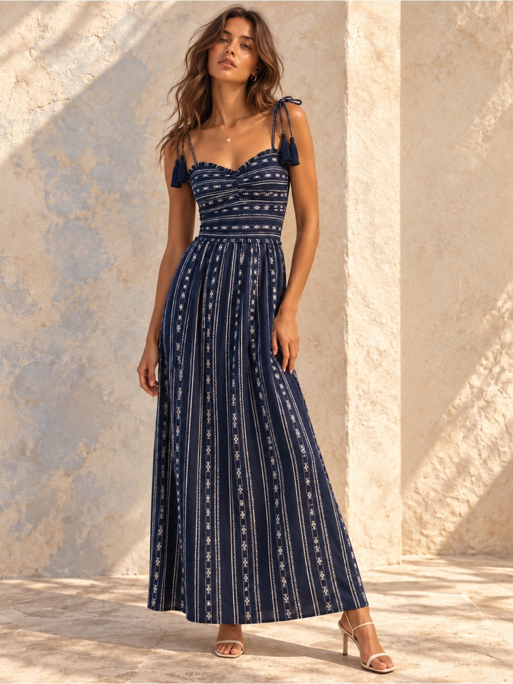 Walter Baker NWOT Navy Ivory Tassel Tie Smocked Maxi Dress, Size 4